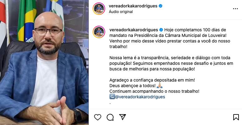 Vereador Kaká Rodrigues faz prestação de contas dos primeiros 100 dias como presidente da Câmara de Louveira