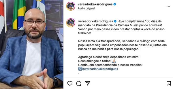 Vereador Kaká Rodrigues faz prestação de contas dos primeiros 100 dias como presidente da Câmara de Louveira