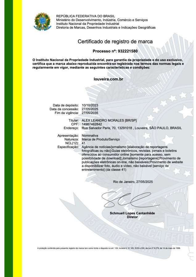INPI Certificado de Registro de Marca louveira.com.br 932221580