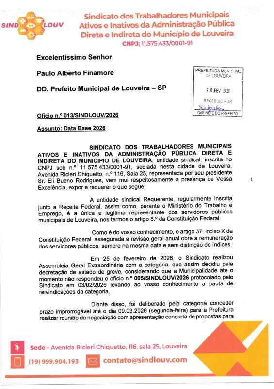 Sindicato dos Trabalhadores Municipais de Louveira comunica 'estado de greve' dos funcionários públicos