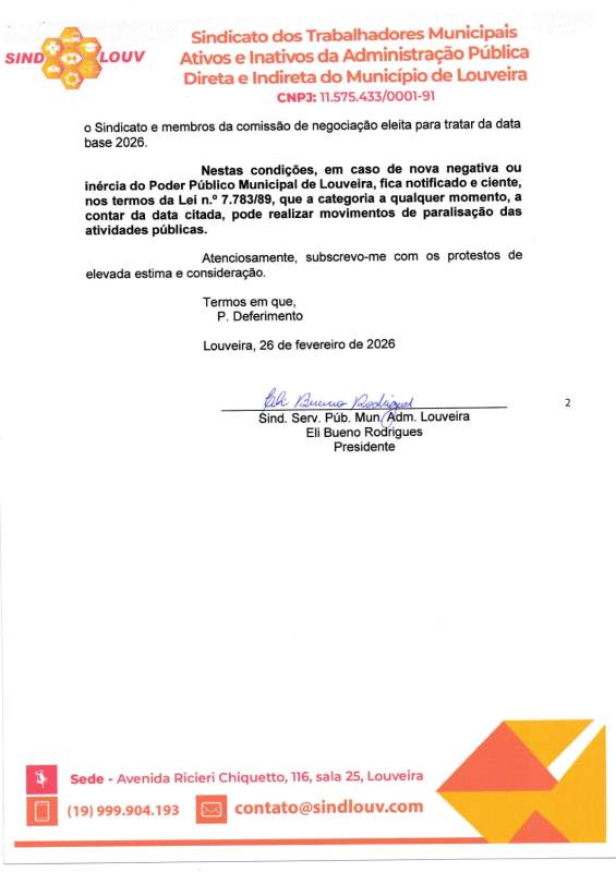 Sindicato dos Trabalhadores Municipais de Louveira comunica 'estado de greve' dos funcionários públicos