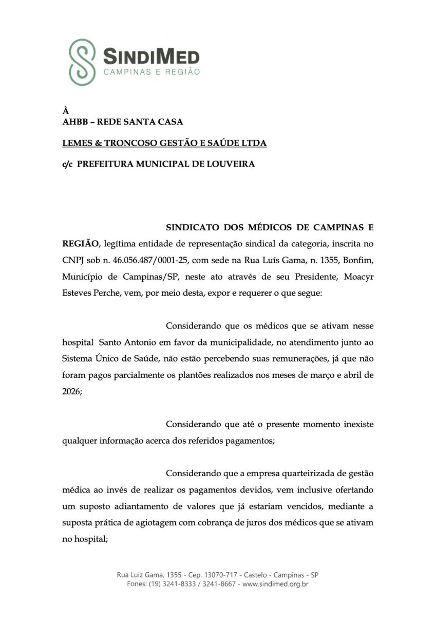Hospital Santo Antônio volta a enfrentar ameaça de greve e Prefeitura de Louveira é notificada por pagamentos atrasados