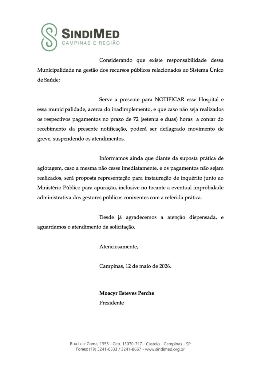 Hospital Santo Antônio volta a enfrentar ameaça de greve e Prefeitura de Louveira é notificada por pagamentos atrasados